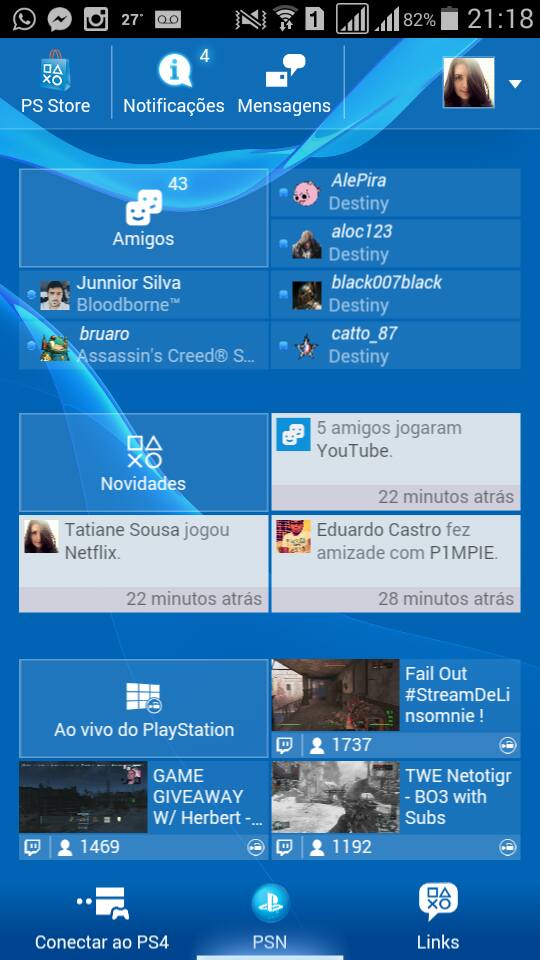 Tela inicial - PlayStation App