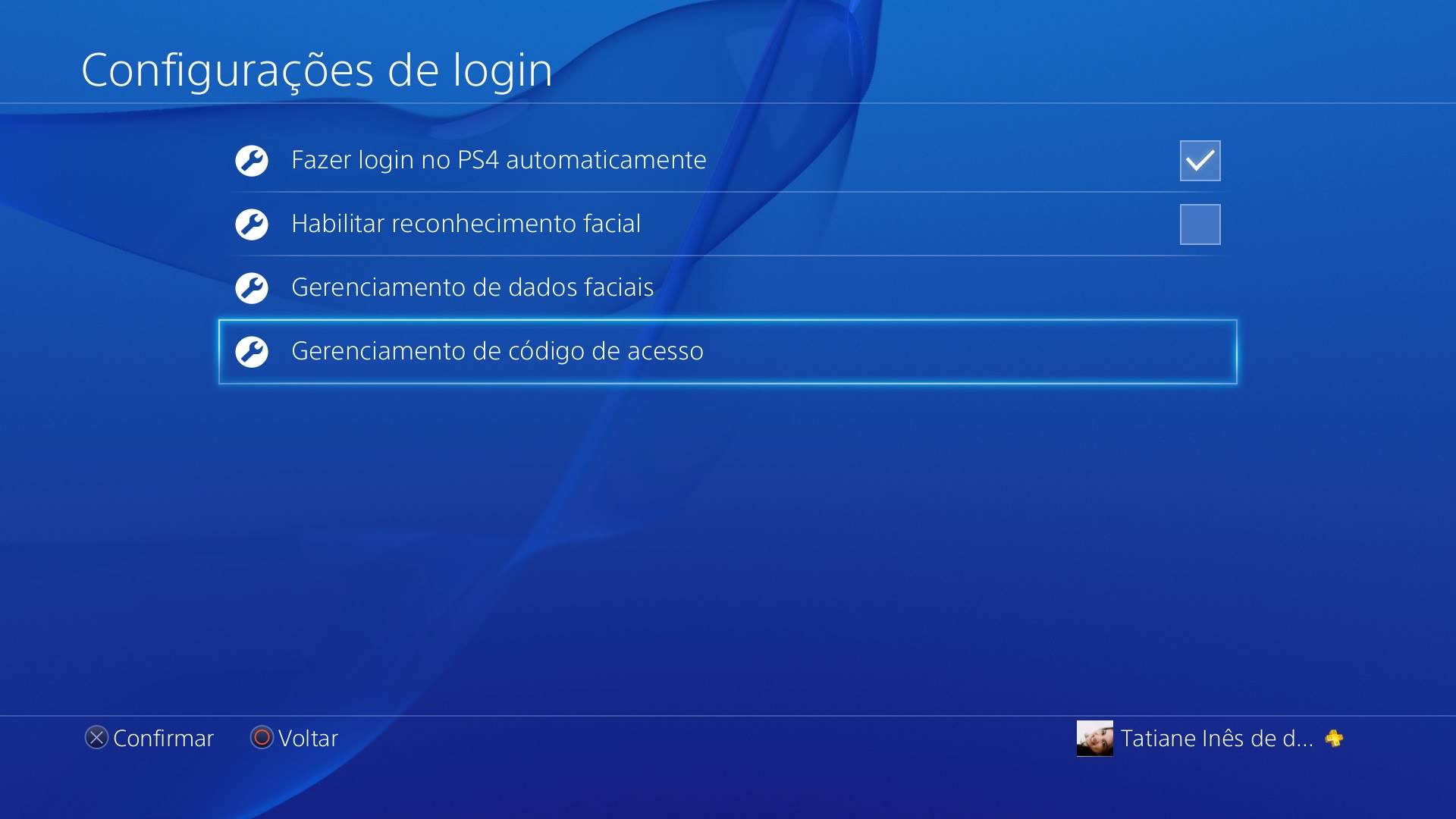 Configurações de login PS4