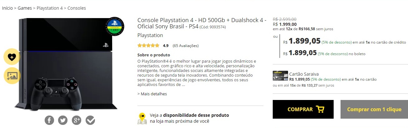 PlayStation 4 Promoção Saraiva