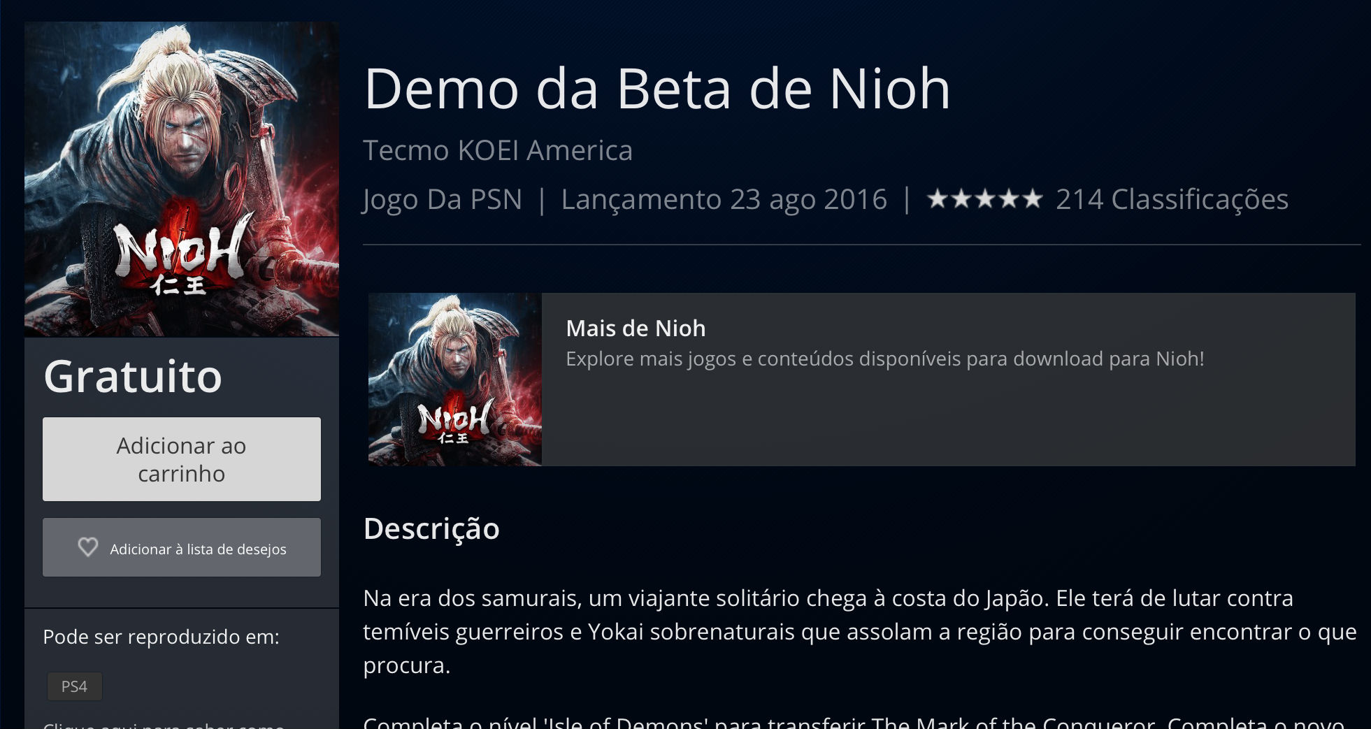 Beta de NioH já está disponível na PSN; veja como baixar 1 Nioh_demo
