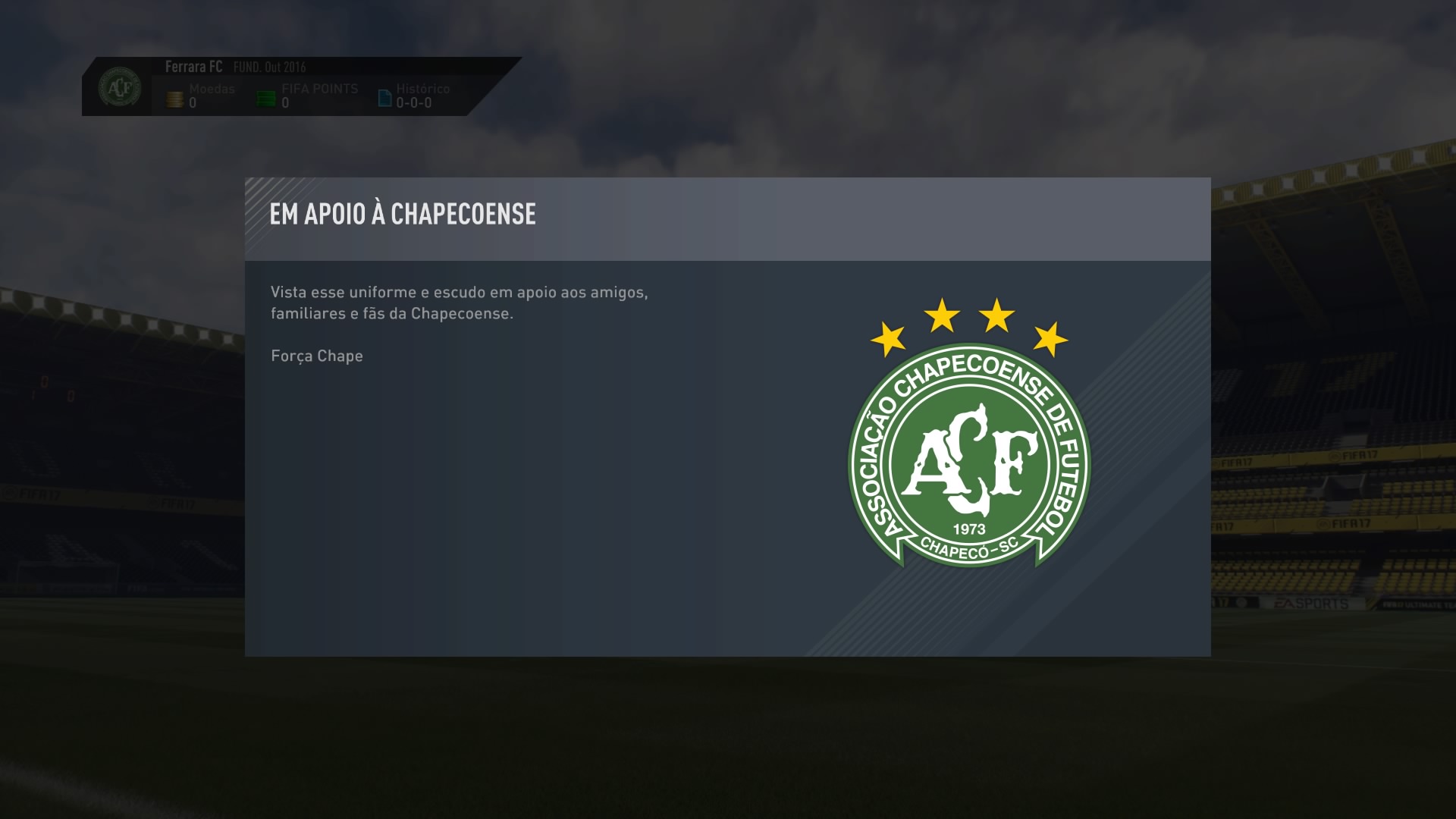 EA Sports homenageia Chapecoense no FIFA 17 2 FIFA 17 Central FUT (Nos menus)