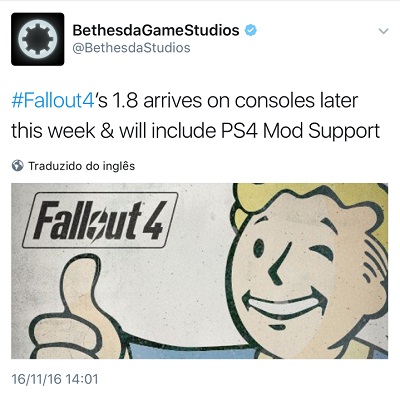 Suporte aos MODs em Fallout 4 chega ao PS4 esta semana 1 Fallout 4 - mod - twitter